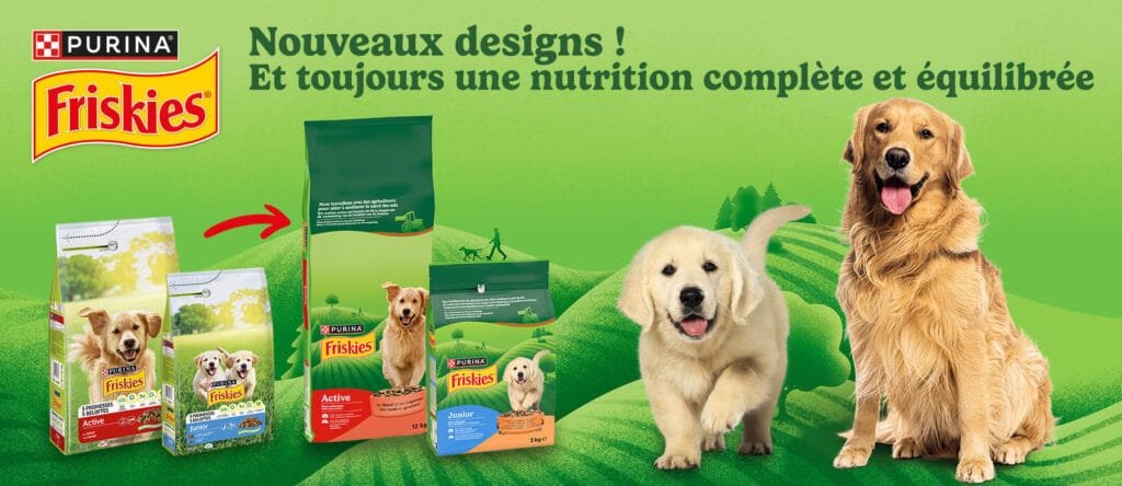Visuel officiel Friskies chien : nouveaux sacs, chiot et chien adulte