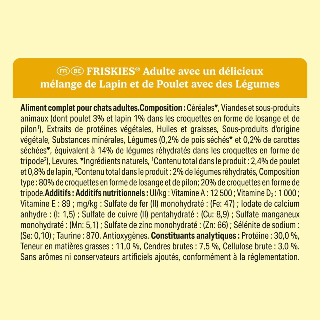 Ătiquette officielle des croquettes Friskies Adulte lapin et poulet : composition et constituants analytiques