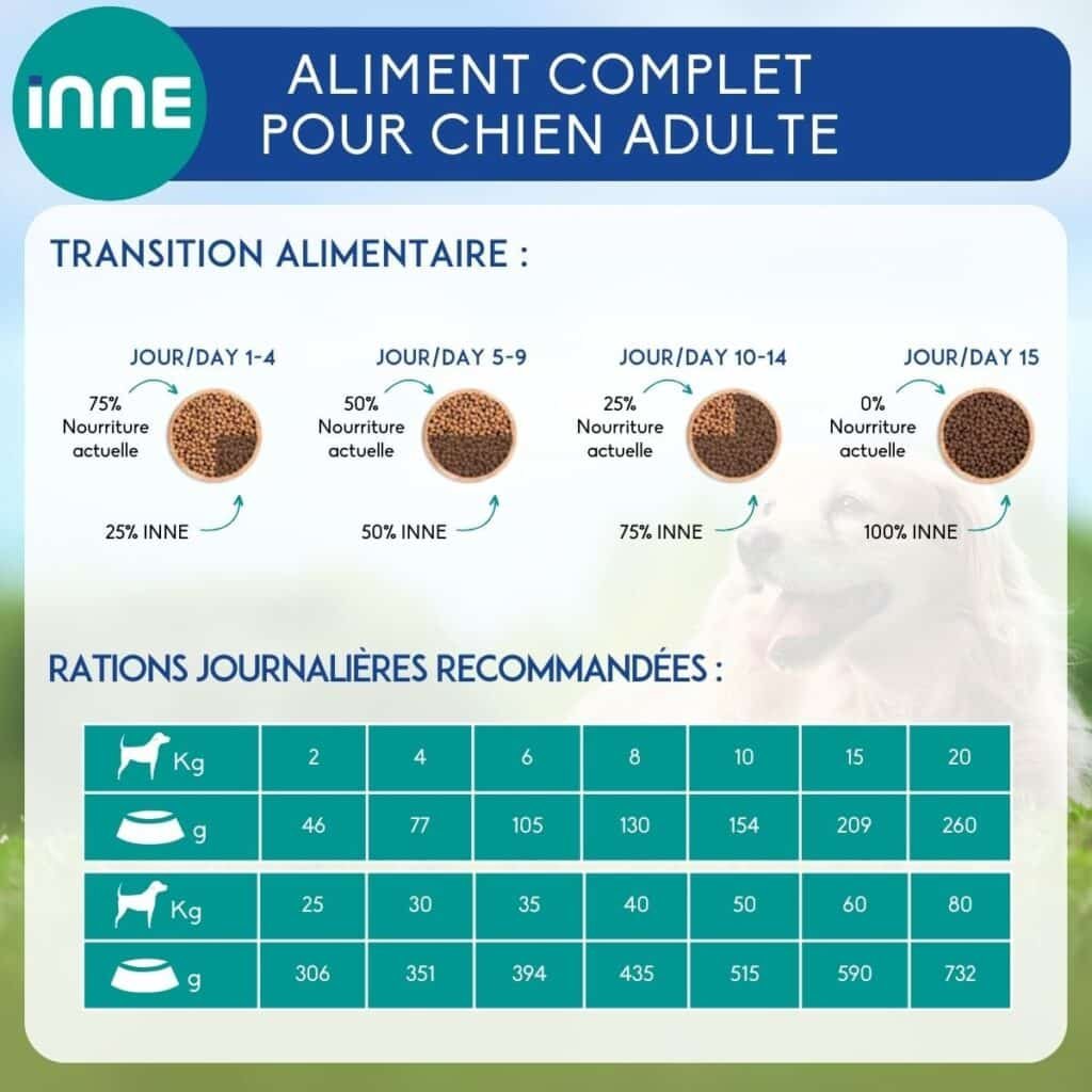 Transition alimentaire et rations journalières des croquettes Nutrivet Inne pour chien