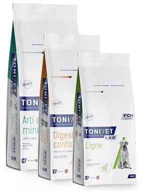 Sacs de croquettes de la gamme Tonivet Lab pour chien : Articulaire, Digest Confort, Ligne