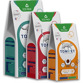 Trois sacs de croquettes de la gamme Tonivet Physio pour chat