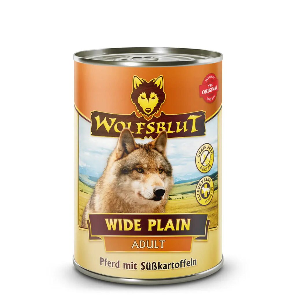 Boîte de pâtée Wolfsblut Wide Plain Adult au cheval et à la patate douce pour chien