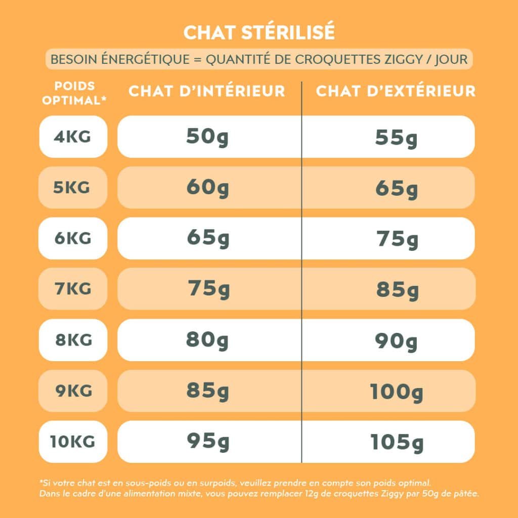 Tableau des rations Ziggy pour Maine Coon stérilisé de 4 à 10 kg
