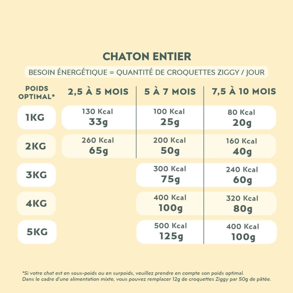 Tableau des rations Ziggy pour chaton non stérilisé selon l'ùge et le poids