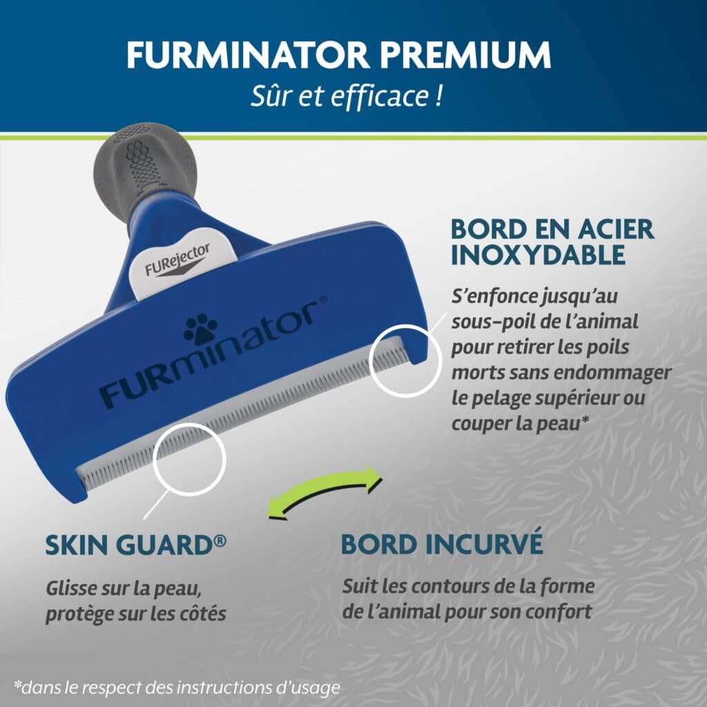 Schéma FURminator Premium poils courts : bord en acier inoxydable, Skin Guard et bord incurvé