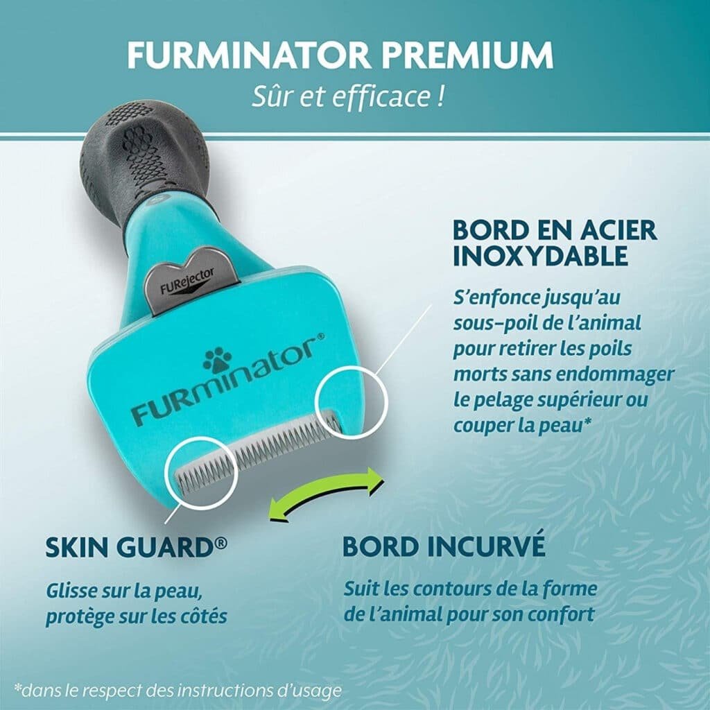 Schéma FURminator chat : bord en acier inoxydable, Skin Guard et bord incurvé