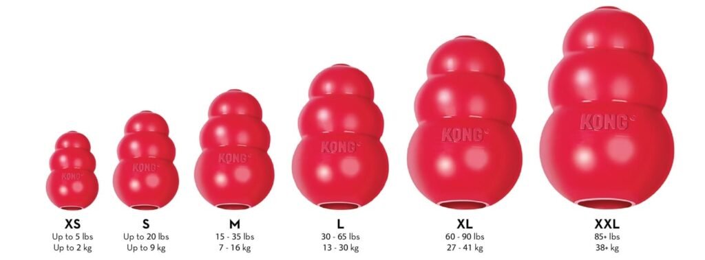 Visuel officiel KONG Classic des six tailles avec les poids conseillés de XS à XXL