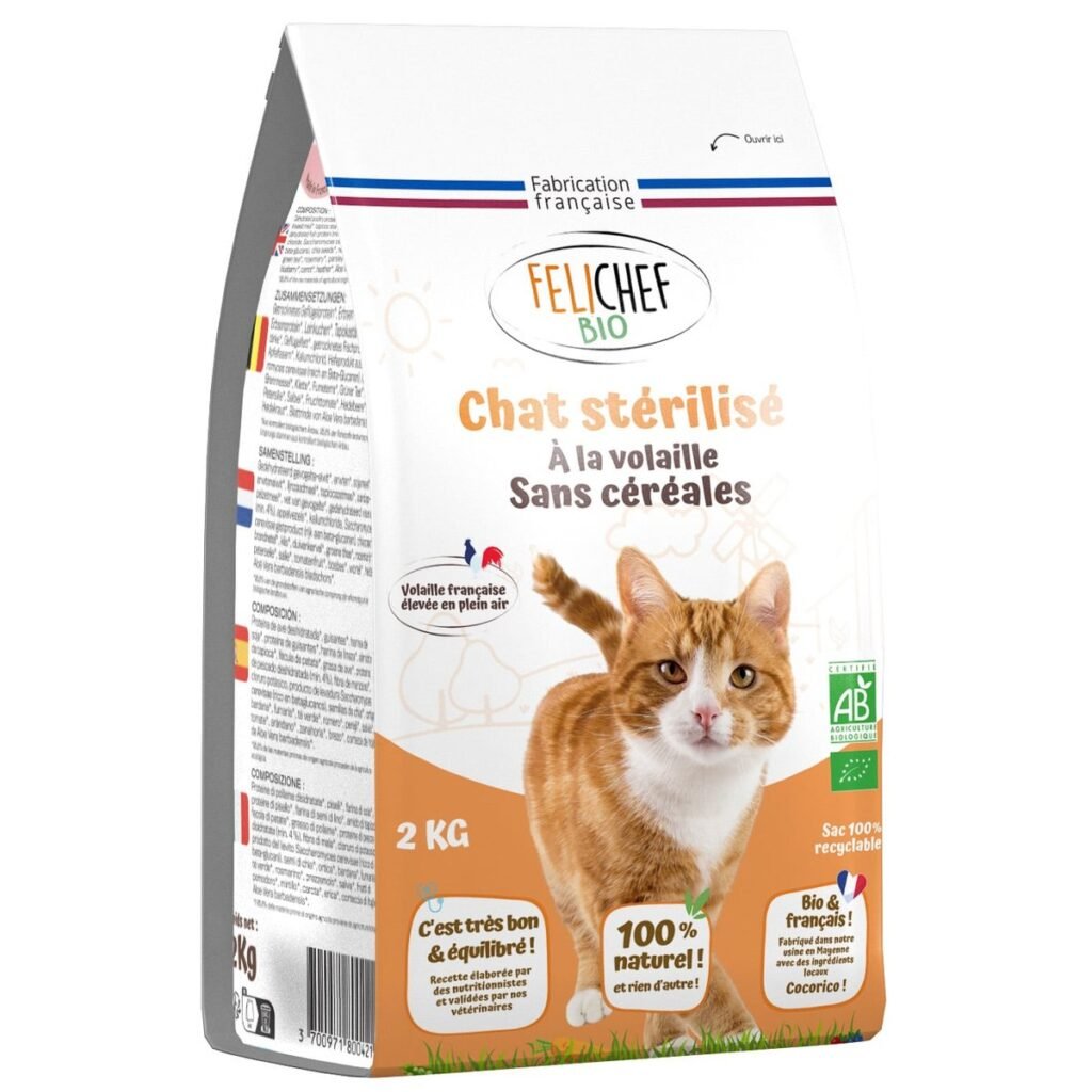 Sac de croquettes bio Felichef sans céréales pour chat stérilisé