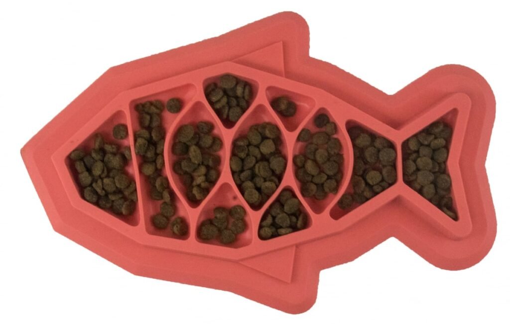 Gamelle anti-glouton pour chat Fishie Fun Feed en forme de poisson avec croquettes