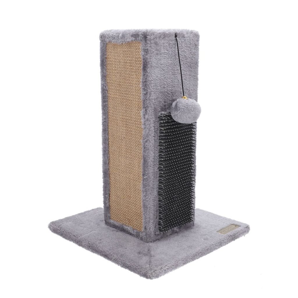Poteau griffoir d'angle Zolia Gina gris avec brosse massante et balle suspendue