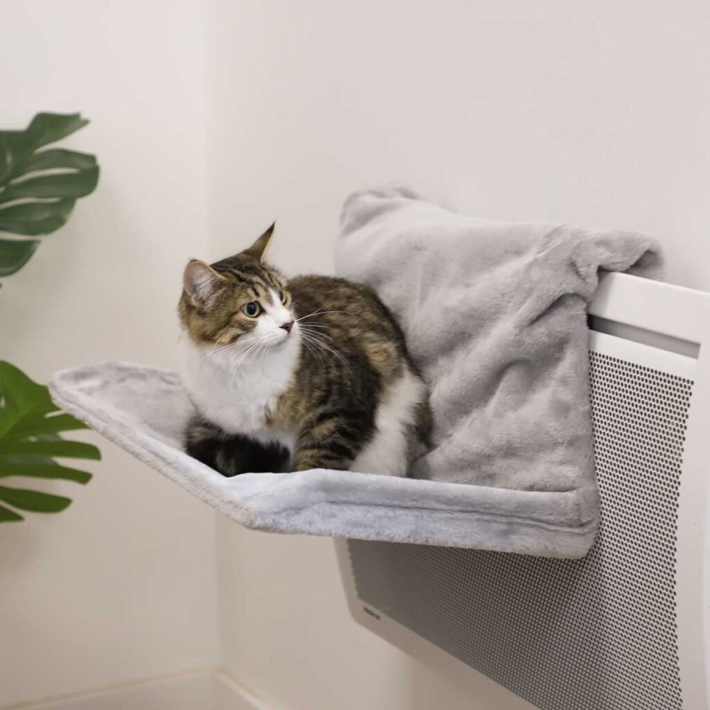 Chat installé dans le hamac de radiateur Zolia Sweety Cat gris accroché à un radiateur