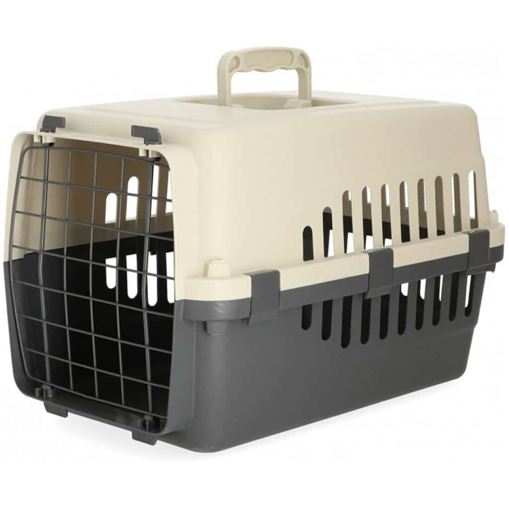 Cage de transport Zolia Odyssée pour chat, coque grise et beige avec porte en métal