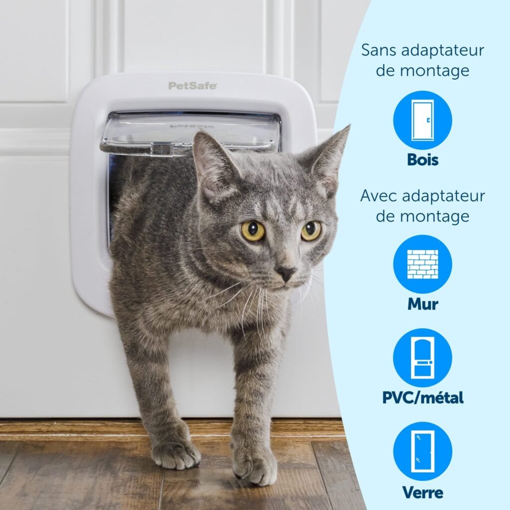 Chat gris passant par la chatière à puce PetSafe installée dans une porte en bois