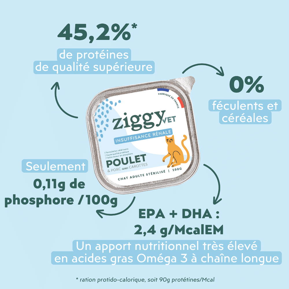 Pùtée rénale Ziggy VET : 0,11 g de phosphore pour 100 g, 45,2 % de protéines sur matiÚre sÚche, EPA et DHA