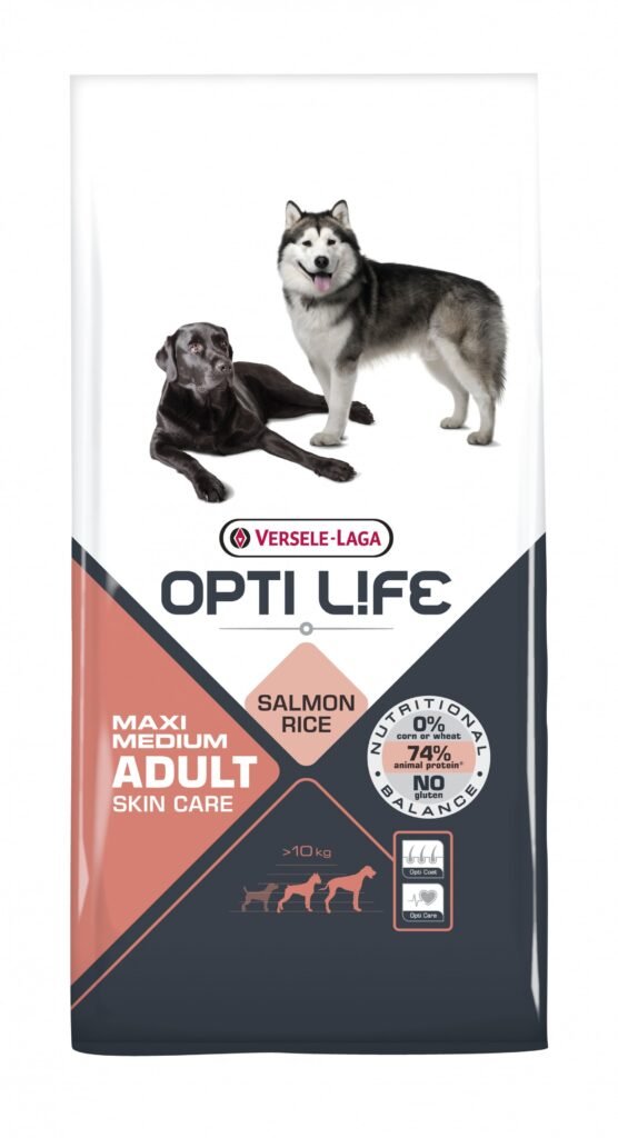 Sac de croquettes Opti Life Adult Skin Care saumon et riz pour chien moyen et grand, nouveau design