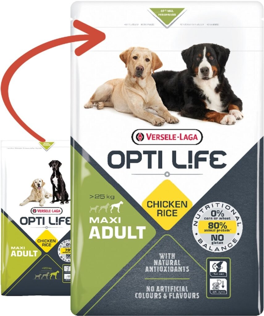 Ancien et nouveau sac de croquettes Opti Life Adult Maxi poulet et riz
