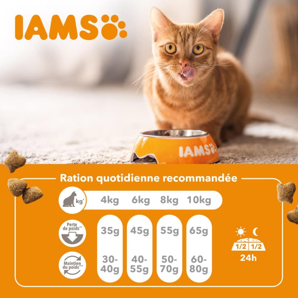 Ration quotidienne recommandée par Iams pour la recette chat stérilisé au poulet frais selon le poids du chat
