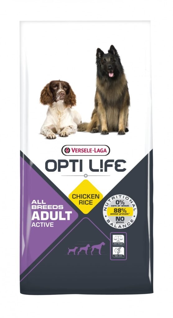 Sac de croquettes Opti Life Adult Active poulet et riz pour chien actif, nouveau design