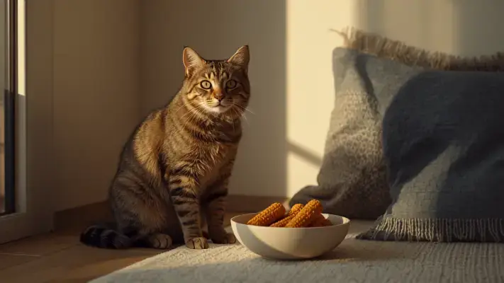 Chat pres de sa gamelle de croquettes