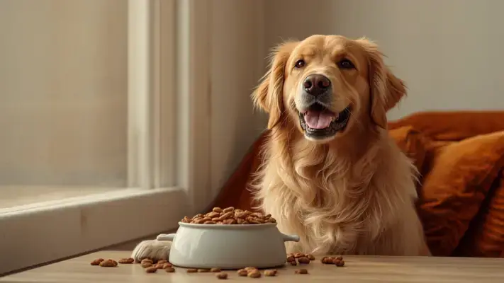 Chien golden retriever devant sa gamelle de croquettes